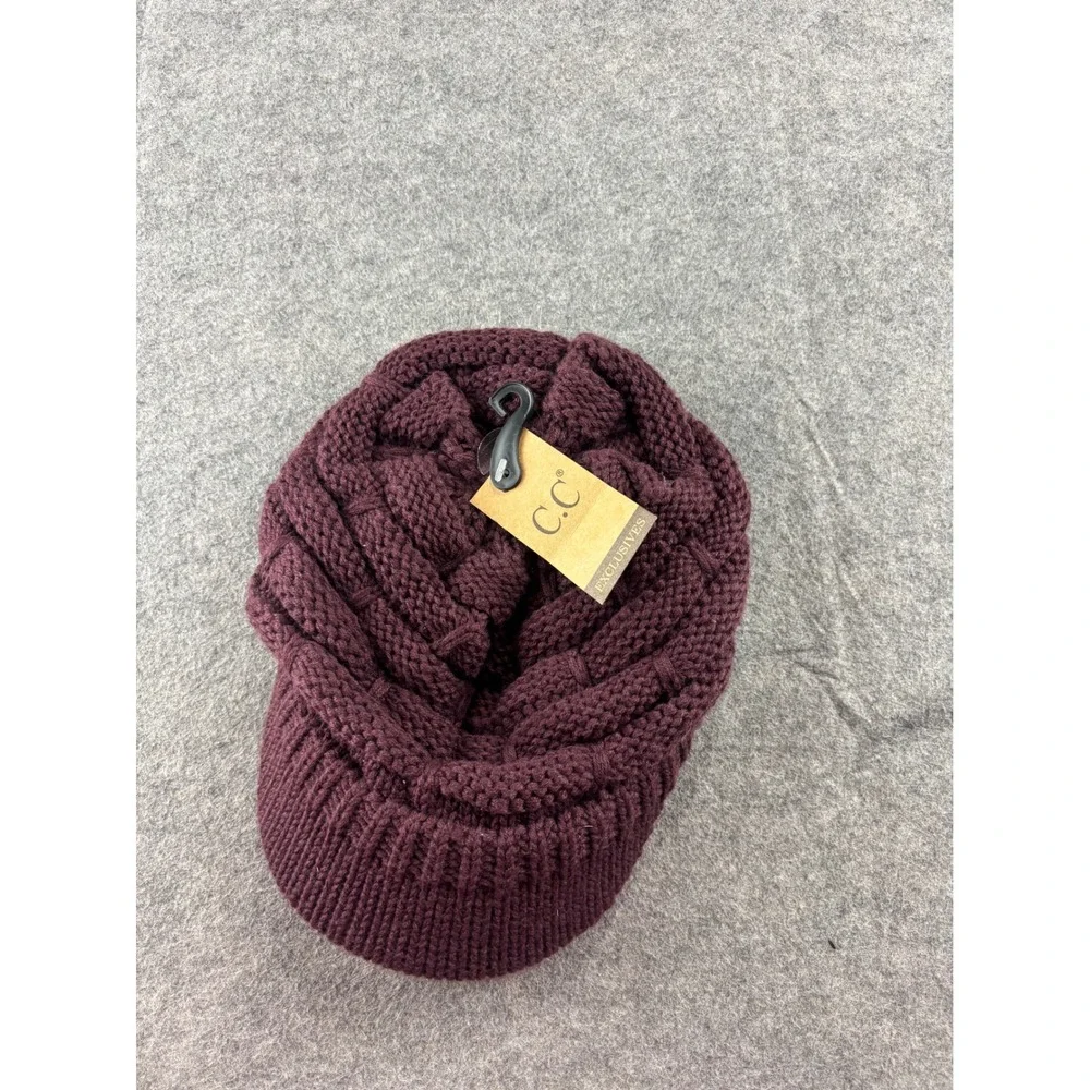 CC Exclusives Berry Purple Knit Beanie Hat with Brim Ponytail Messy Bun YJ-2023